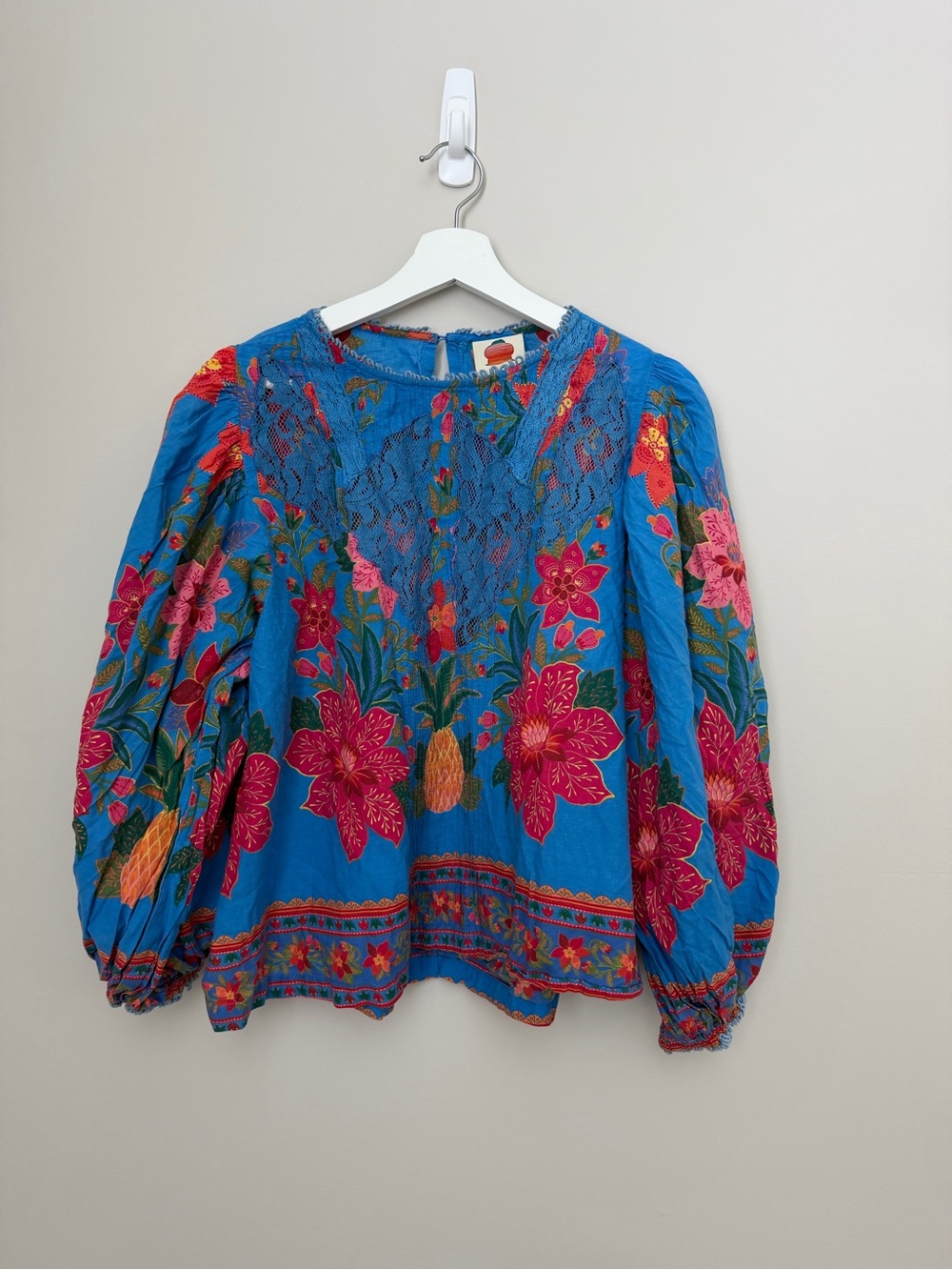 farm rio blue floral Blouse Bubble Sleeve With Tassels Tropical Island Beach - Picture 6 of 12